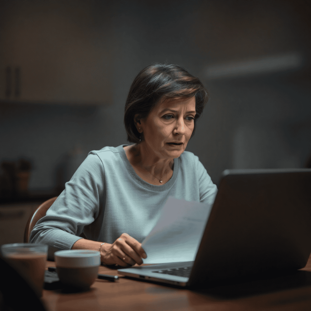 A middle-aged woman with short brown hair sits with her family in a living room, discussing multiple myeloma treatment options. A notepad on the table lists "chemotherapy," "immunotherapy," and "stem cell transplant."