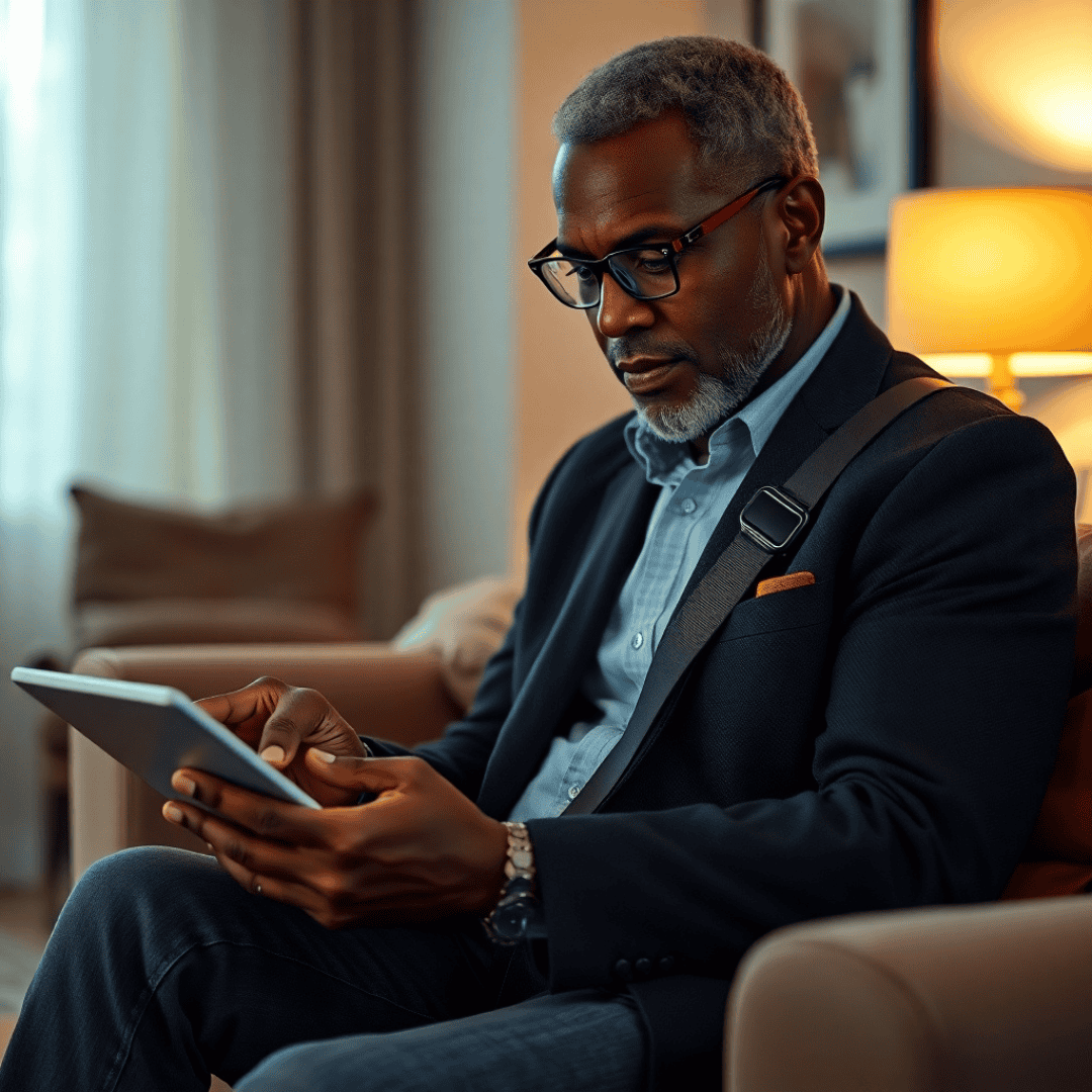MGUS Cancer: Dark-skinned man in his early 60s resembling Denzel Washington checking his digital health tracker in a cozy, warm living room.