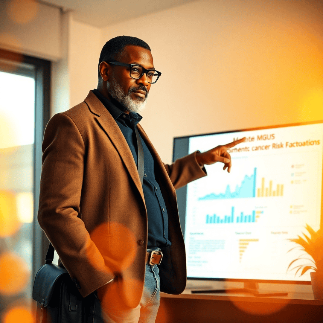 MGUS Cancer: Dark-skinned man in his early 60s resembling Denzel Washington stands before a digital display, mapping risk factors with determination.