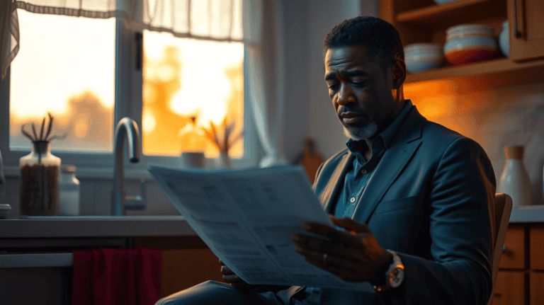 MGUS Cancer: Dark-skinned man in his early 60s resembling Denzel Washington, reviewing a lab report in a softly lit kitchen at sunrise, showing initial sadness.