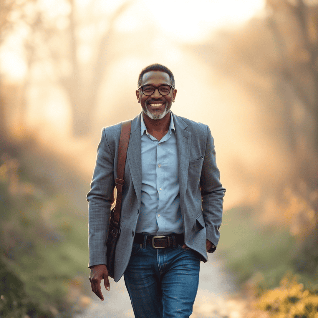 MGUS Cancer: Dark-skinned man in his early 60s resembling Denzel Washington walking confidently on a scenic, sunlit trail with a bright horizon.