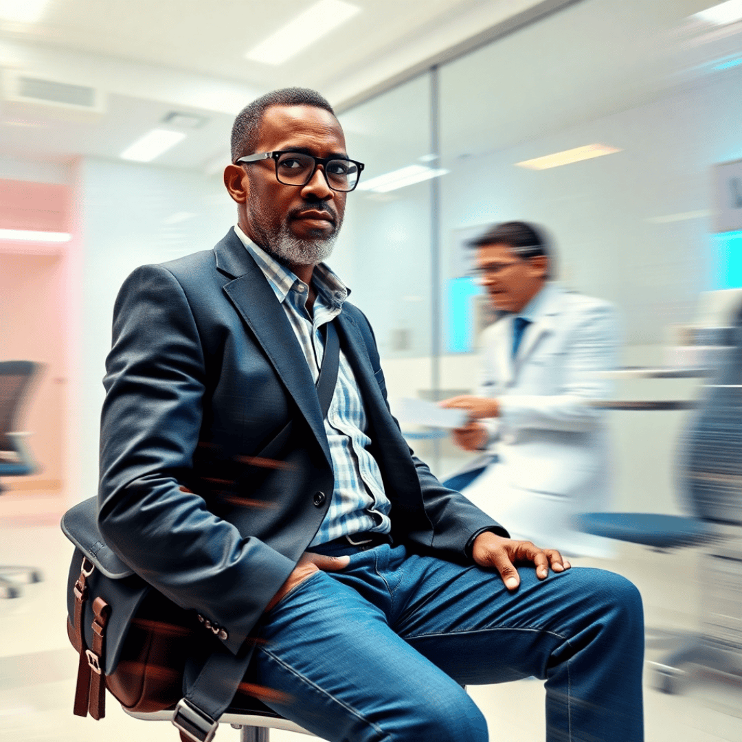 MGUS Cancer: Dark-skinned man in his early 60s resembling Denzel Washington consulting with a compassionate doctor in a bright clinic.