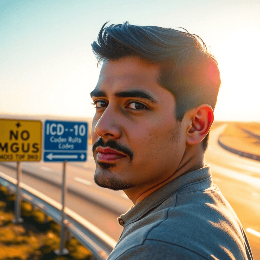 MGUS ICD 10: Hispanic man Alejandro stands on a high vantage point overlooking a bright horizon with road signs marked with ICD-10 codes and MGUS symbols.