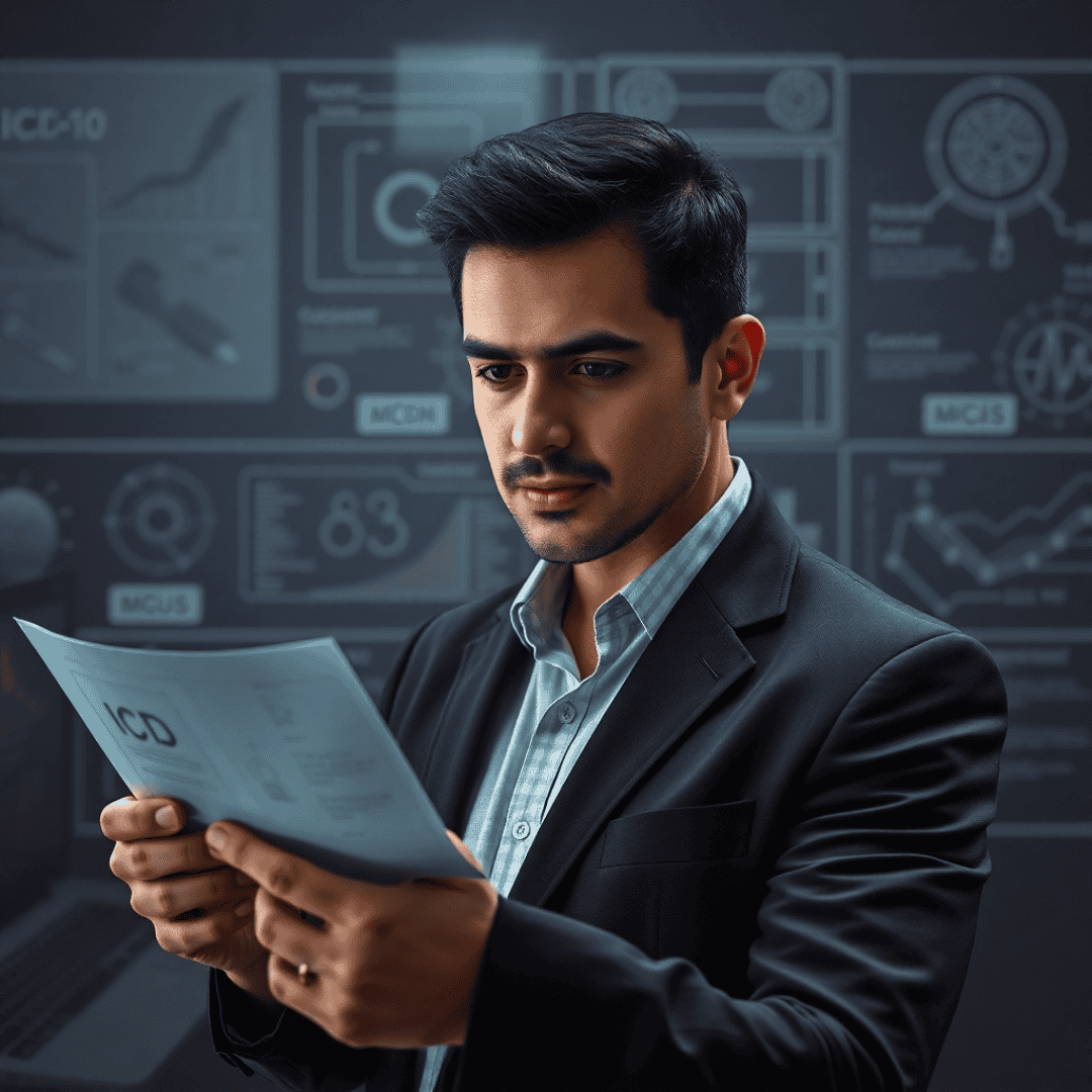 MGUS ICD 10: Hispanic man Alejandro stands before a digital screen displaying ICD-10 code information, graphs, and MGUS-related icons.