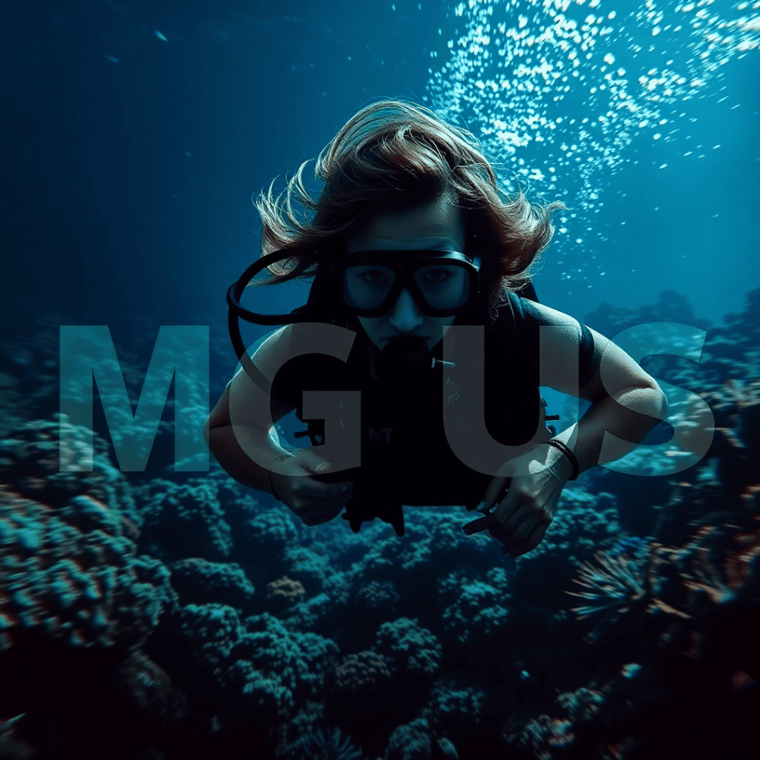MGUS IgM: Marina swims among vibrant coral reefs with artistic hints of MGUS and medical symbols, representing discovery.