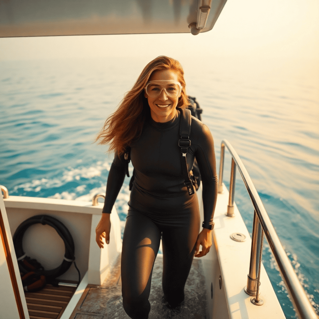 MGUS IgM: Marina emerges from the water and boards a small boat on calm seas, symbolizing clarity and empowerment.
