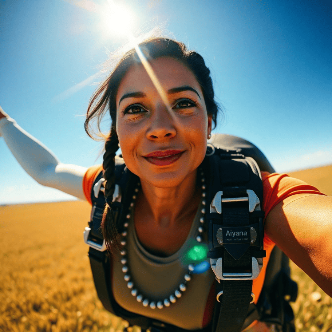 MGUS Medical Abbreviation: Aiyana lands confidently in a sunlit field with a bright horizon, symbolizing empowerment and clarity on her journey.