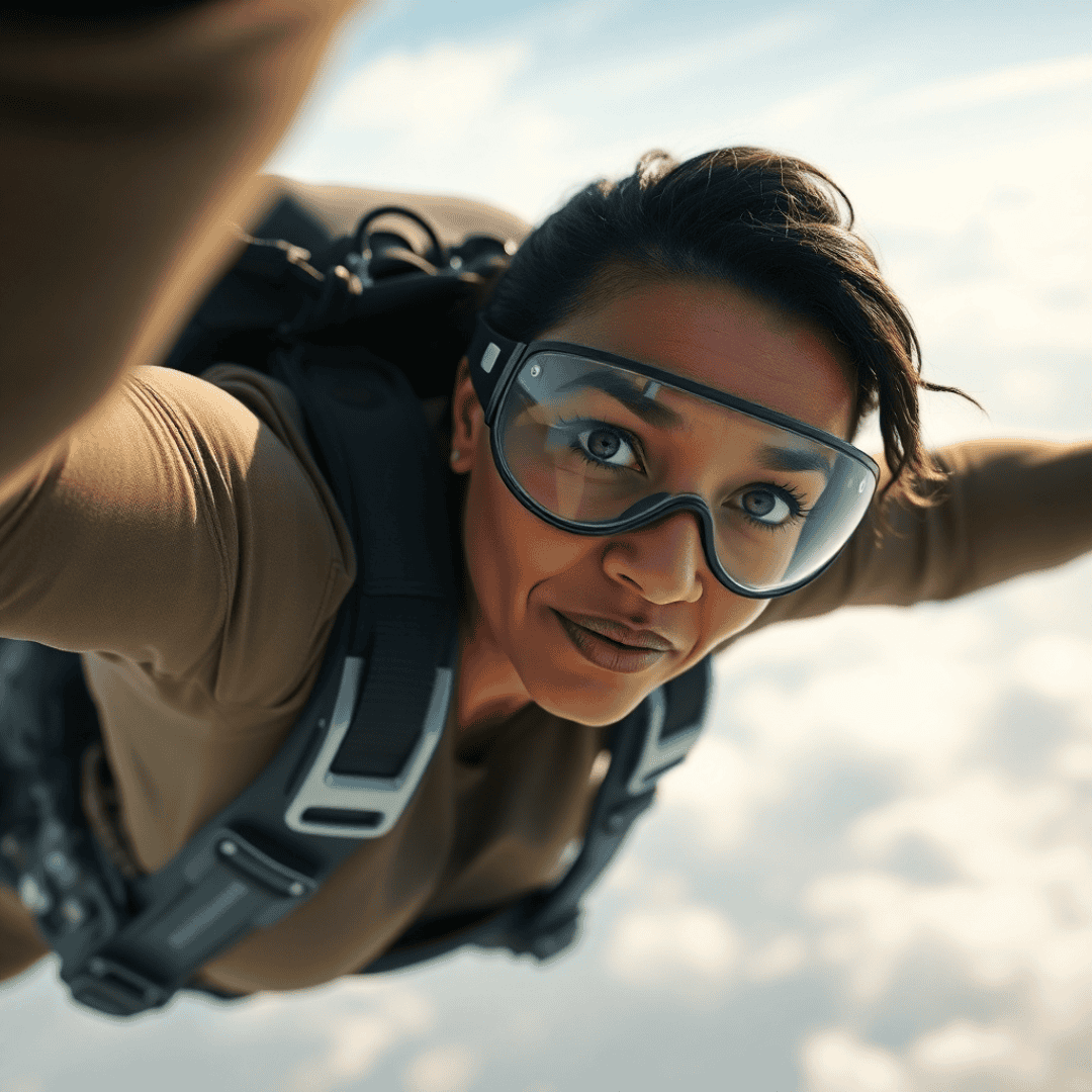 MGUS Medical Abbreviation: Aiyana free-falls with protective eye goggles clearly visible, soaring amidst clouds forming “MGUS” and faint medical symbols.