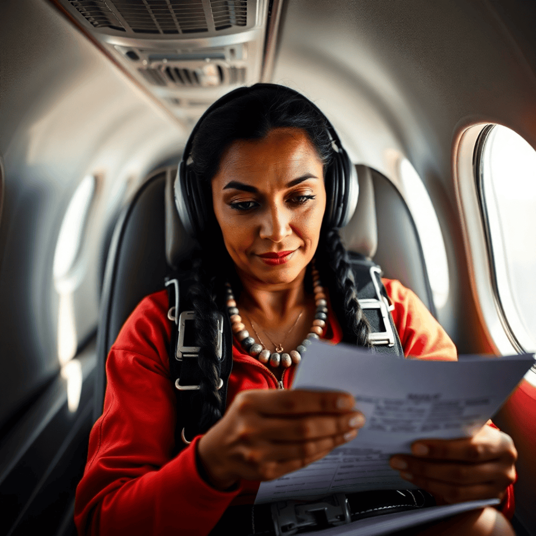 MGUS Medical Abbreviation: Aiyana, an experienced American Indian woman in her mid-50s, sits in an airplane jump seat wearing sleek skydiving gear and protective eye goggles, reviewing her checklist.