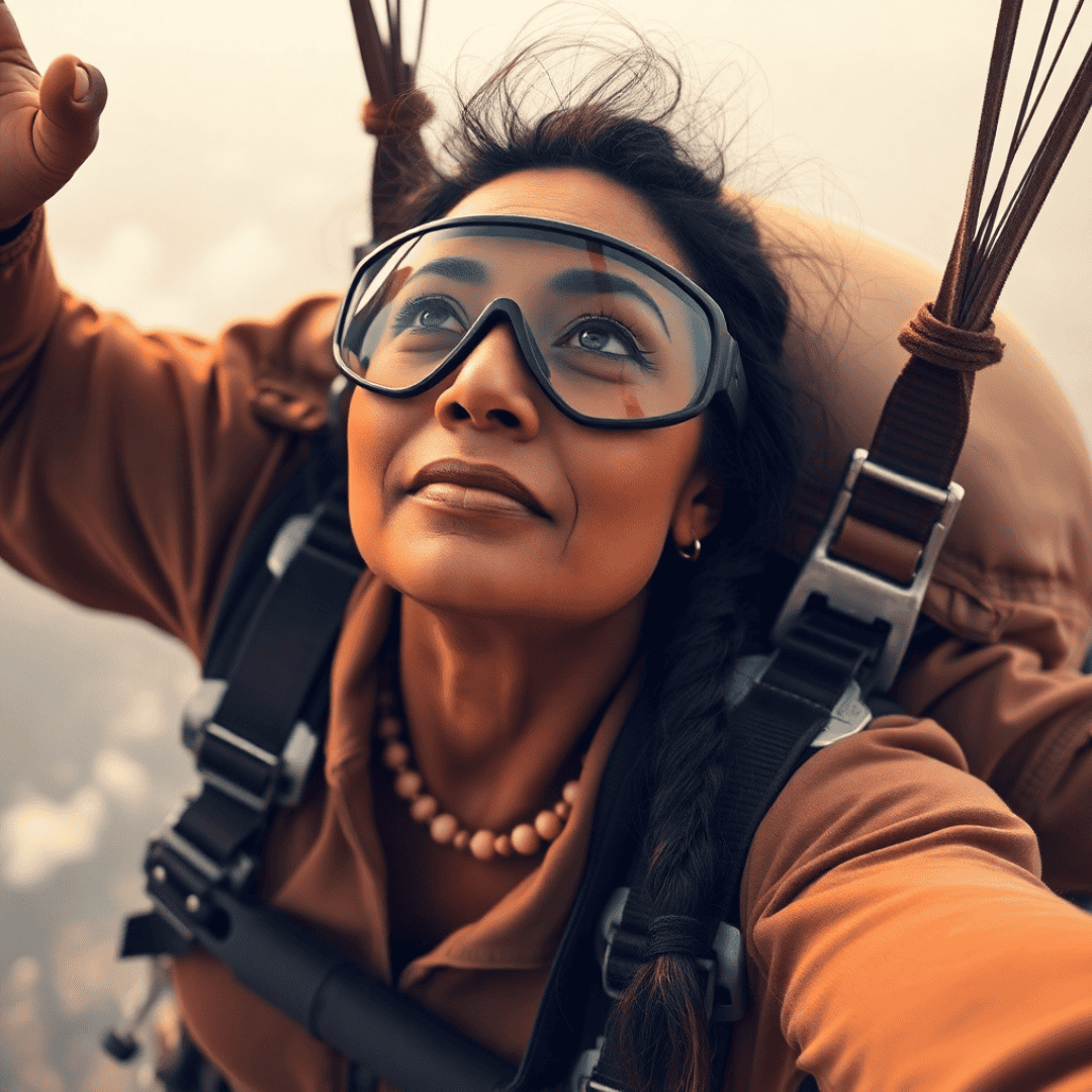 MGUS Medical Abbreviation: Aiyana descends gracefully with her parachute deployed, looking up at her chute with protective eye goggles, embodying calm determination.