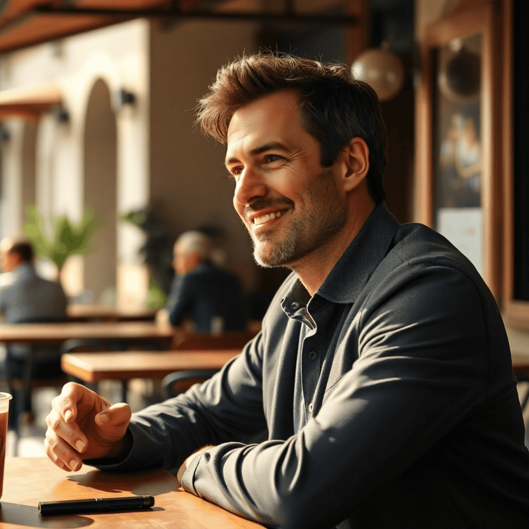 MGUS Symptoms: Individual engaging in a friendly outdoor conversation at a charming coffee shop.
