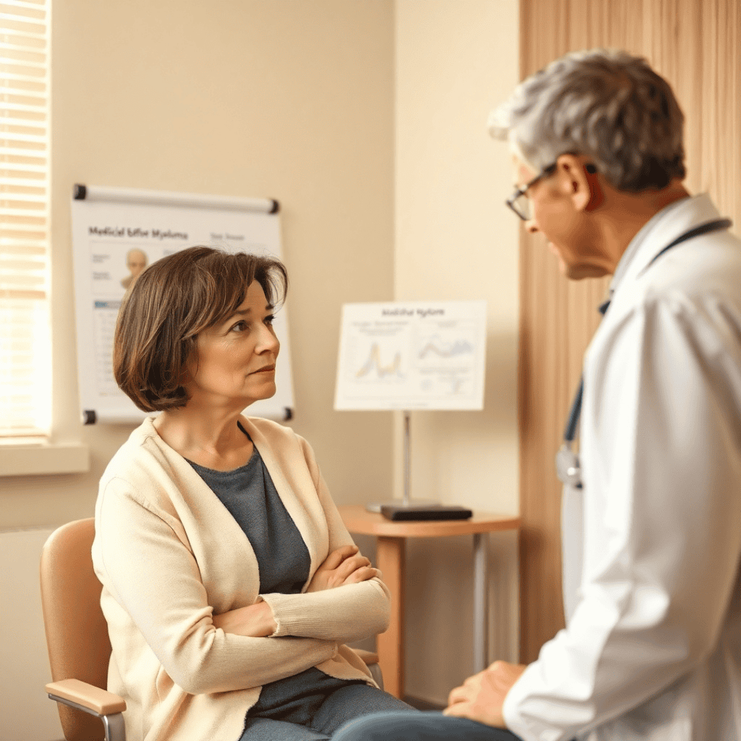 A middle-aged woman with short brown hair sits at her kitchen table, reviewing her lab test results while researching "early symptoms of multiple myeloma" on her laptop.