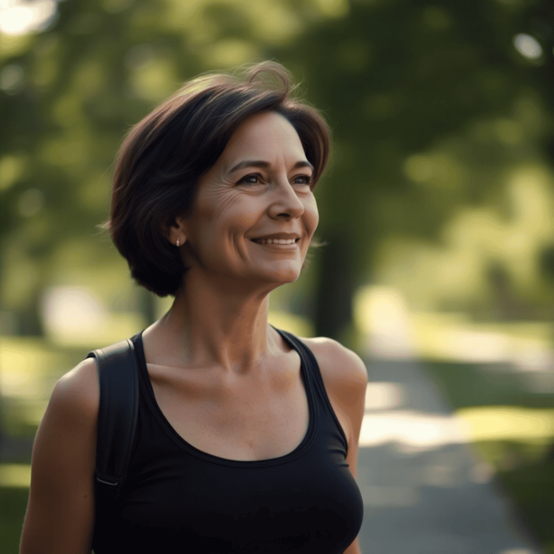 A middle-aged woman with short brown hair walks through a sunlit park, embracing self-care and well-being while managing multiple myeloma.
