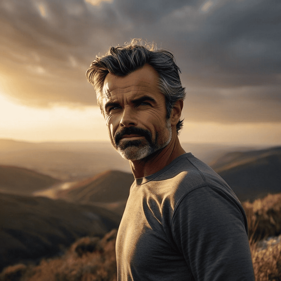 A man stands at a mountain summit, arms crossed, looking ahead with confidence after taking control of his MGUS diagnosis.
