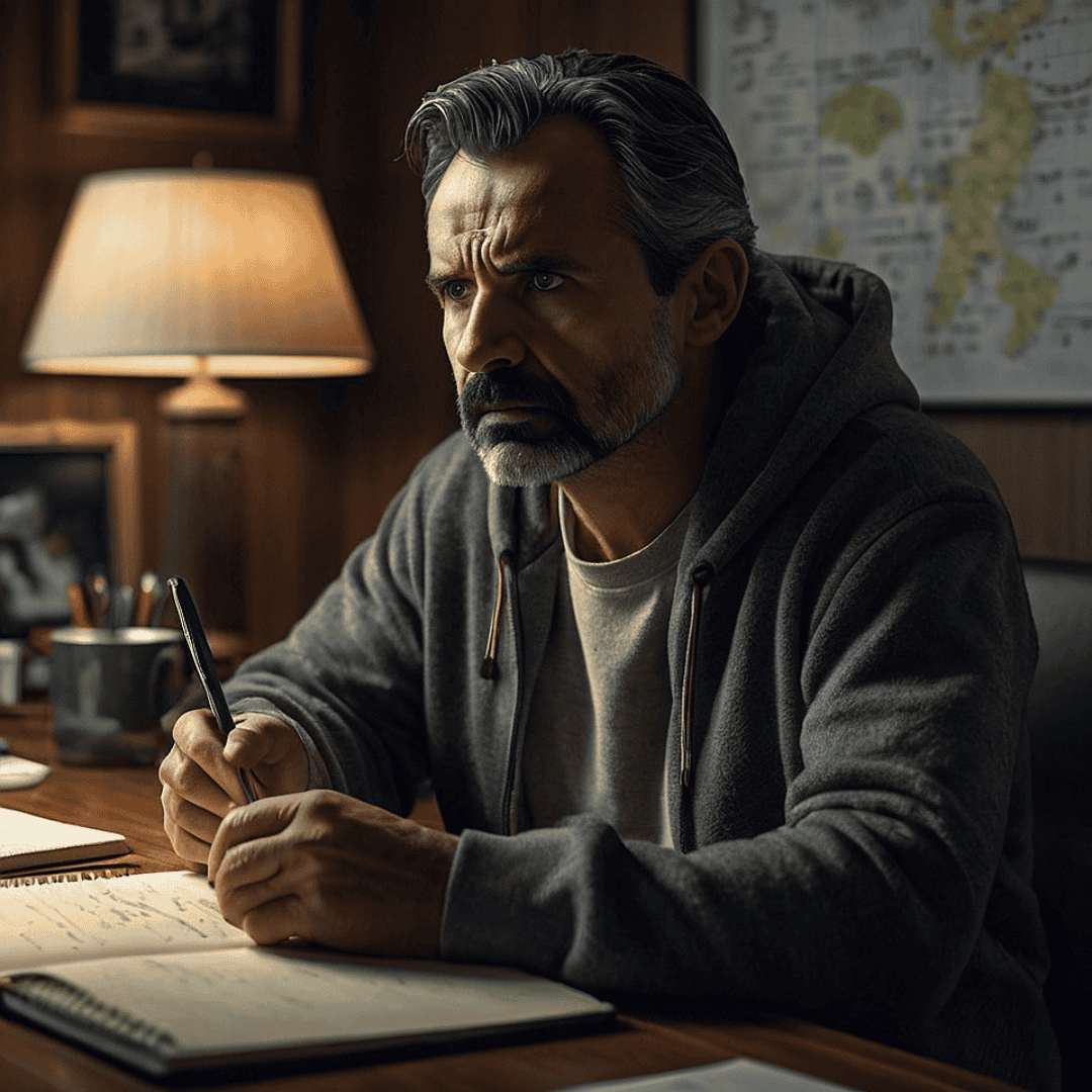 A 45-year-old man in a casual polo shirt sits at a café, researching MGUS symptoms and treatment options on his laptop.