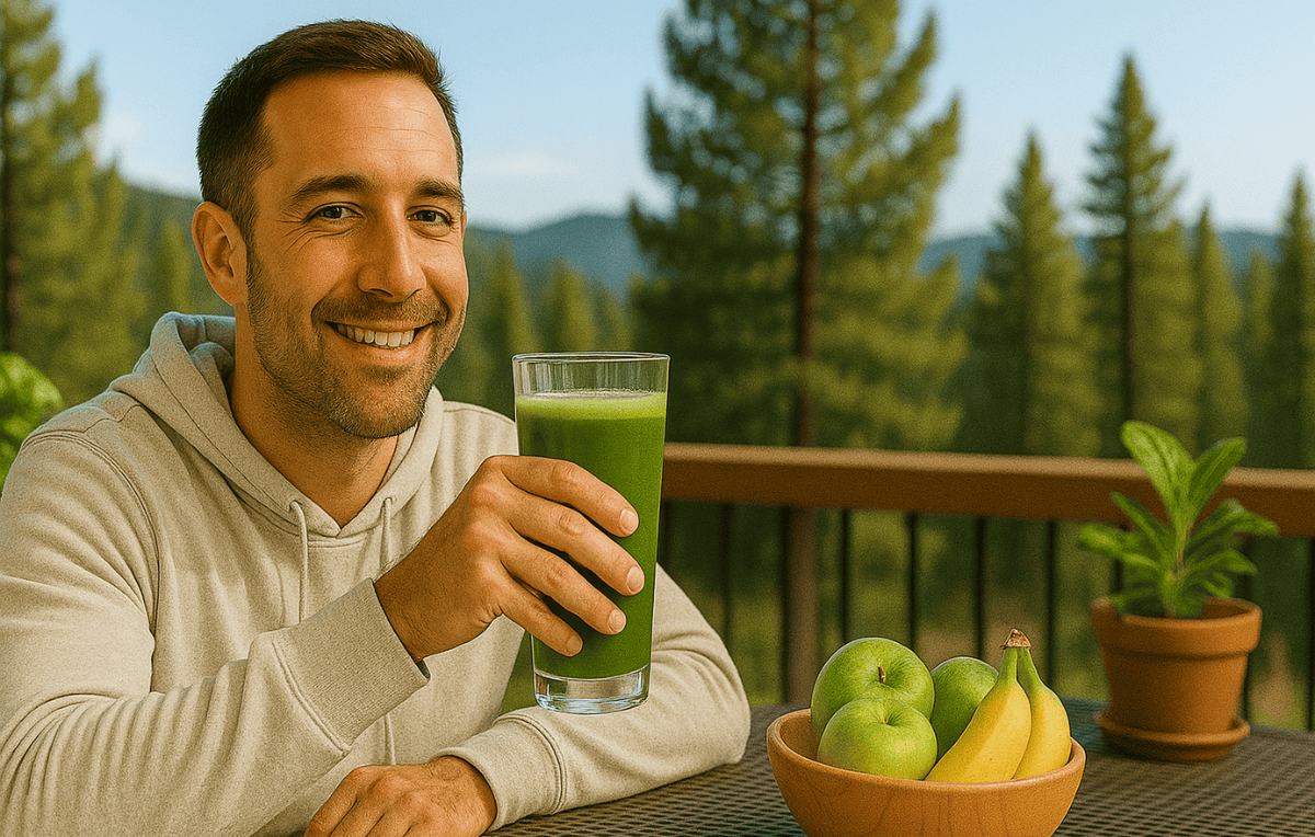 Man smiling while holding a pint glass of green juice on a sunny patio with a fruit bowl, representing the connection between green drinks and MGUS wellness