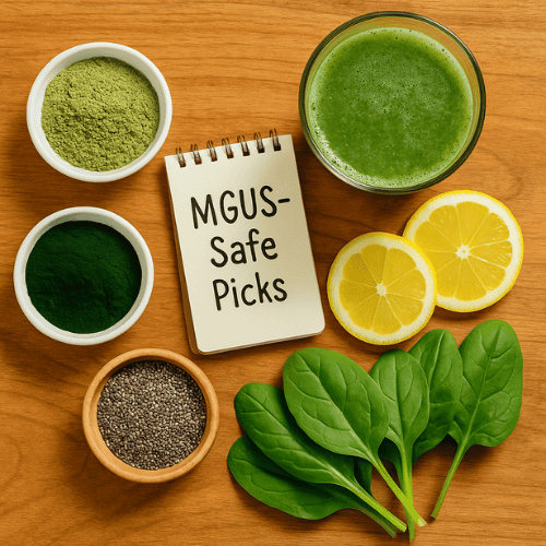 Flat lay of MGUS-friendly green drink ingredients including spirulina, wheatgrass, chia seeds, lemon slices, spinach, and a green smoothie