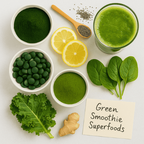 Flat lay of green drink superfood ingredients including spirulina, chlorella, kale, spinach, lemon, and ginger for MGUS support.
