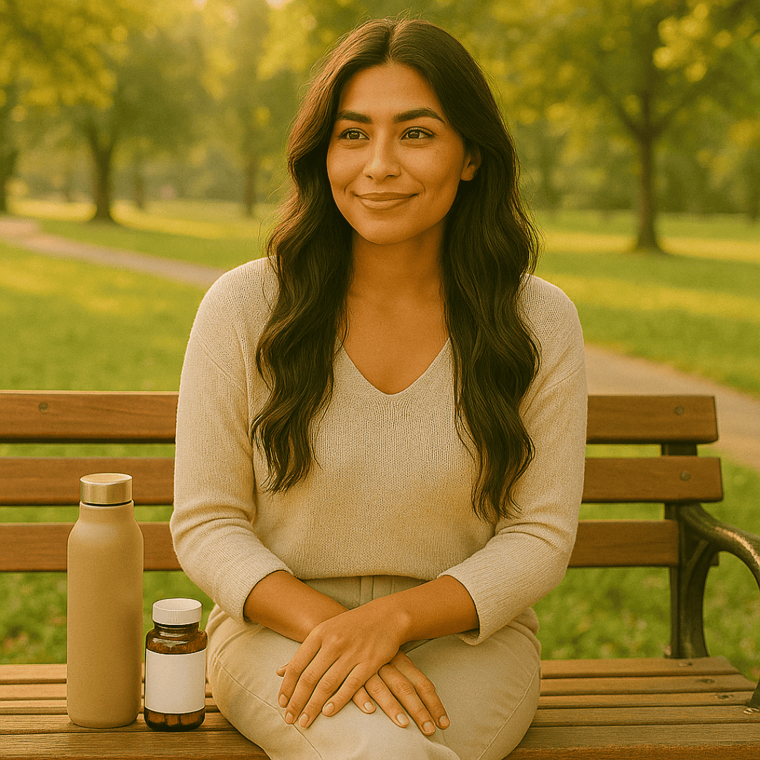 Pretty young woman in a yellow dress walking through a turmeric garden at golden hour, symbolizing MGUS wellness and natural support