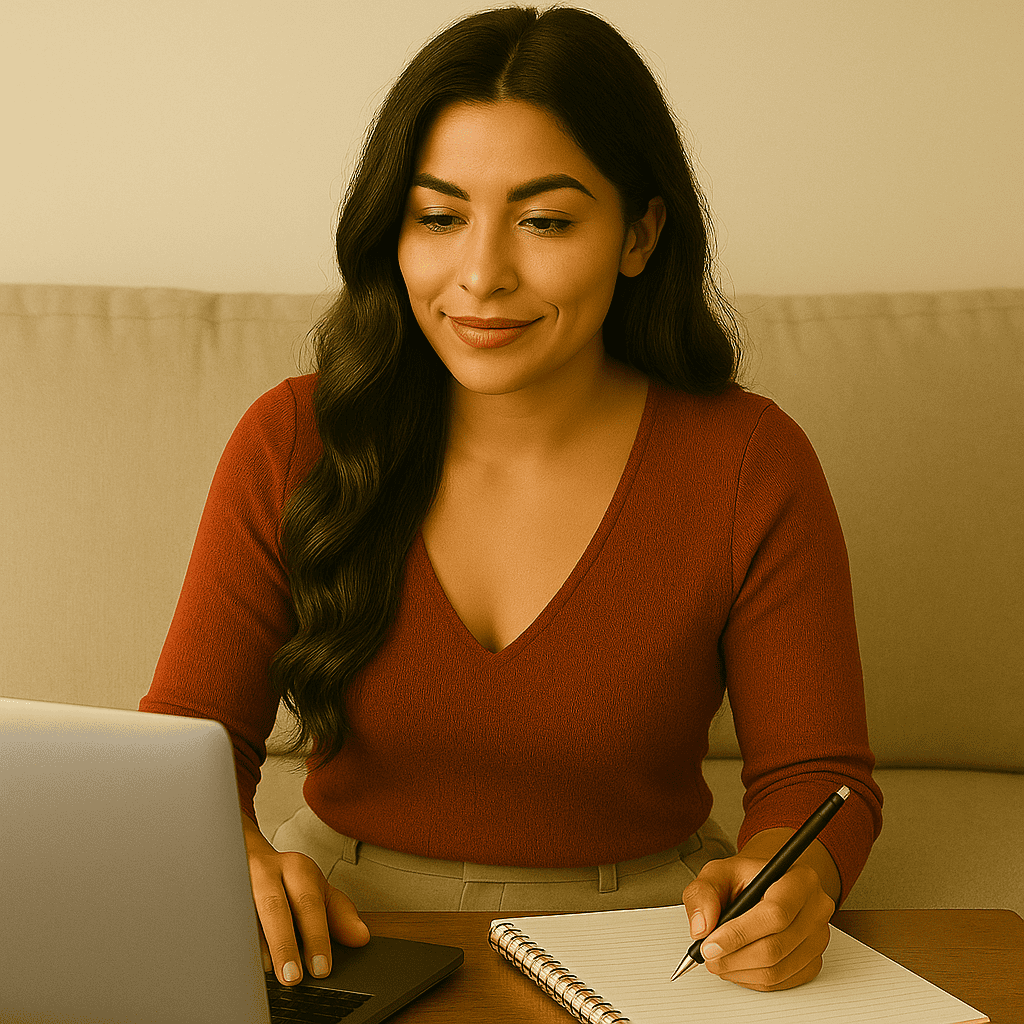 Young woman taking notes on a pad while using a laptop on a beige couch, researching turmeric and MGUS support