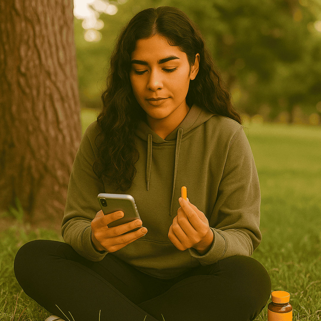 Young woman with tan skin sitting under a tree holding a turmeric capsule and looking at her phone for MGUS supplement guidance