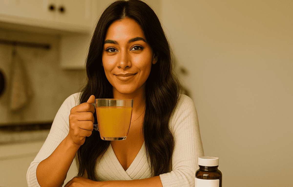 Young woman with tan skin holding turmeric tea and supplement for turmeric and MGUS support