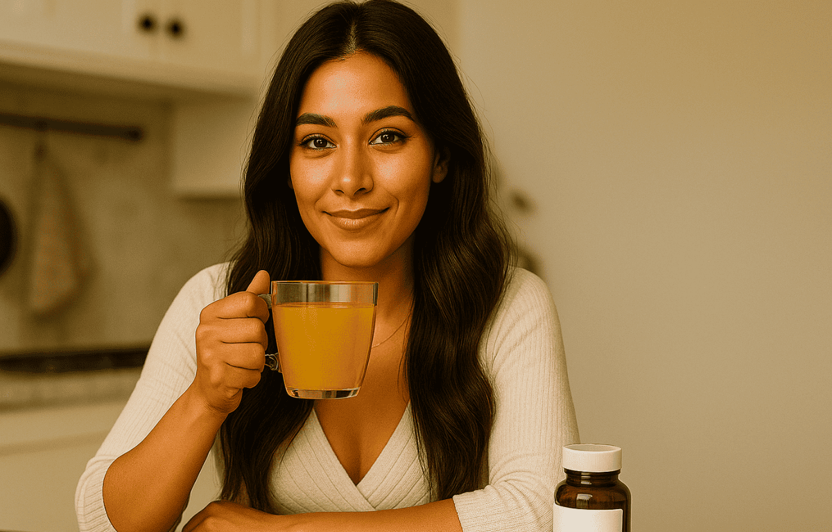 Young woman with tan skin holding turmeric tea and supplement for turmeric and MGUS support