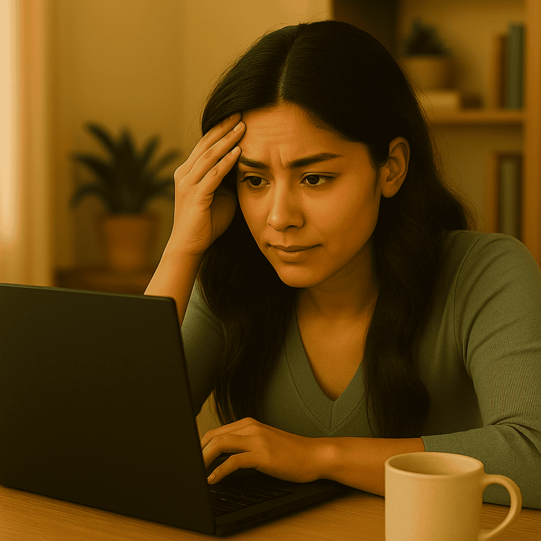 Young woman with tan skin reading MGUS resources on her laptop while researching turmeric and immune support