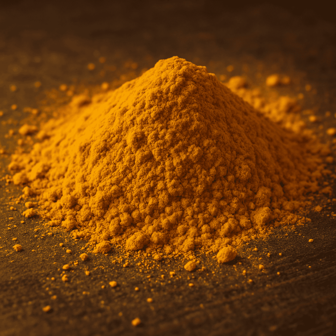 High-resolution image of vibrant turmeric powder on a rustic wooden surface, used for natural health and anti-inflammatory benefits