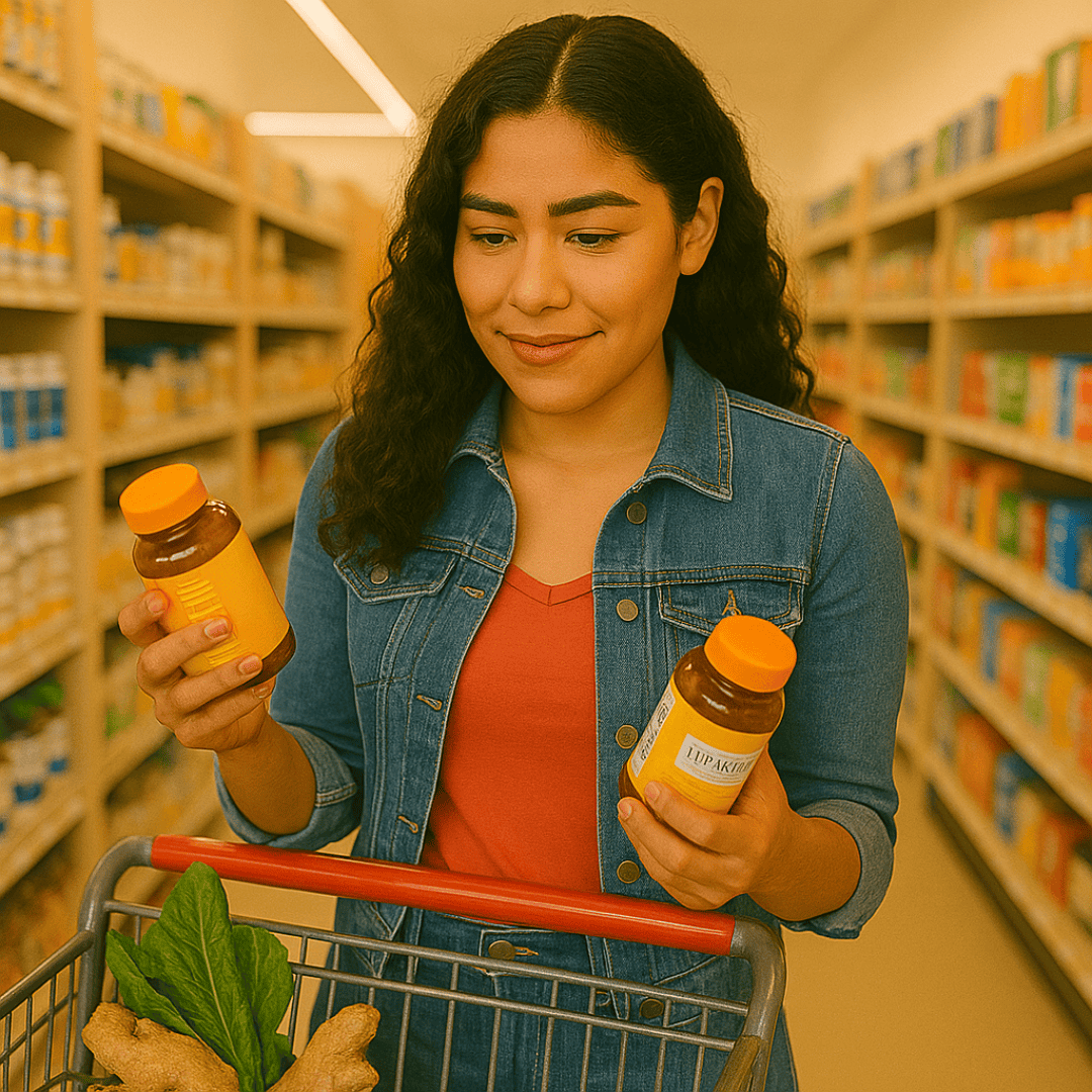Young woman with tan skin comparing turmeric supplements in a health store aisle with a shopping cart