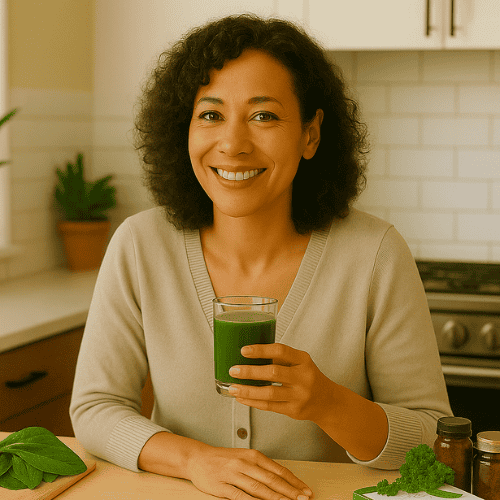 Friendly woman in her 40s holding a green drink at a cozy kitchen counter, surrounded by leafy greens and wellness items