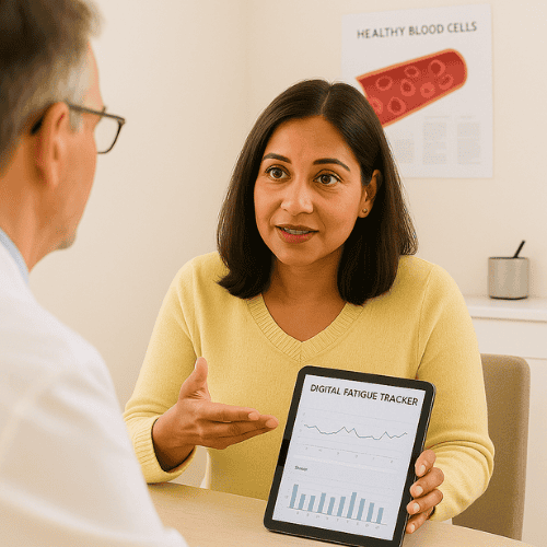 South Asian woman reviews MGUS fatigue tracker with her doctor in a clinical setting