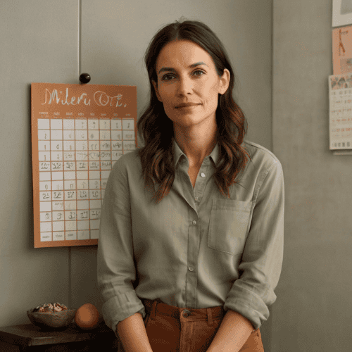 Woman tracking MGUS blood test follow-up dates on wall calendar at home