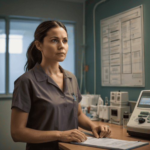 Medical professional reviewing MGUS blood test results at computer station