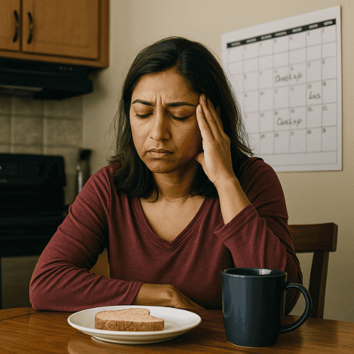 Tired South Asian woman with MGUS sits slouched at her kitchen table in sleepwear