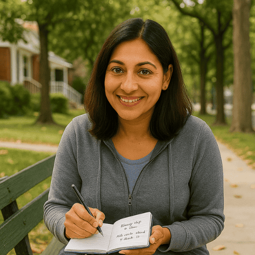 South Asian woman tracks MGUS fatigue patterns in a notebook during a reflective walk