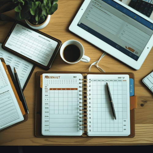 Top-down view of a desk with MGUS test results, planner, coffee, and a digital calendar