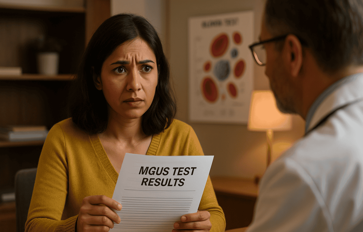 South Asian woman discusses MGUS test results with doctor in a medical office