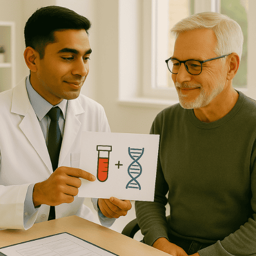 male doctor showing a blood test and DNA chart to a smiling middle-aged man