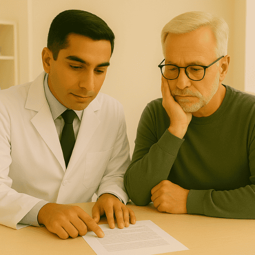 Middle-aged man thoughtfully listening to his doctor in a bright medical office