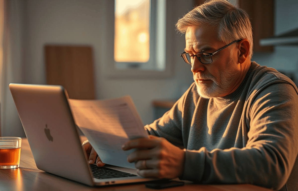 Middle-aged man calmly reviewing MGUS test results in his living room with a laptop and printout