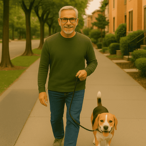 Middle-aged man walking his dog on a suburban street, smiling confidently