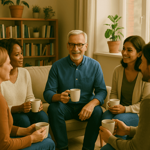 Support group of diverse adults having a casual discussion in a cozy living room