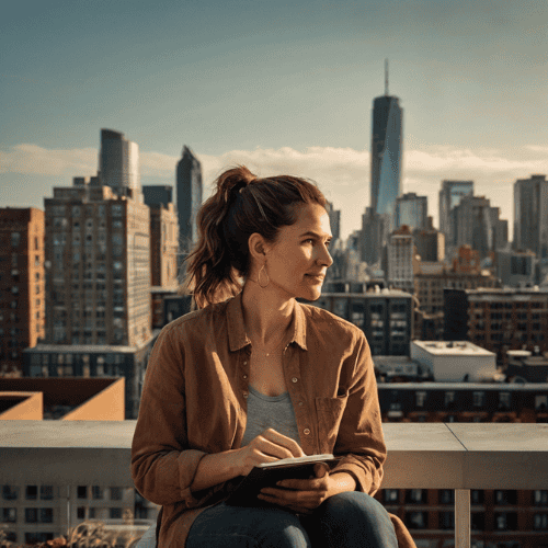 Woman journaling after MGUS blood test results, overlooking city skyline