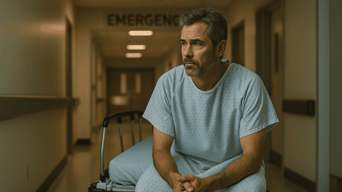 A middle-aged man in a hospital gown sits on a gurney in a quiet emergency room hallway, reflecting on a life-threatening pulmonary embolism.