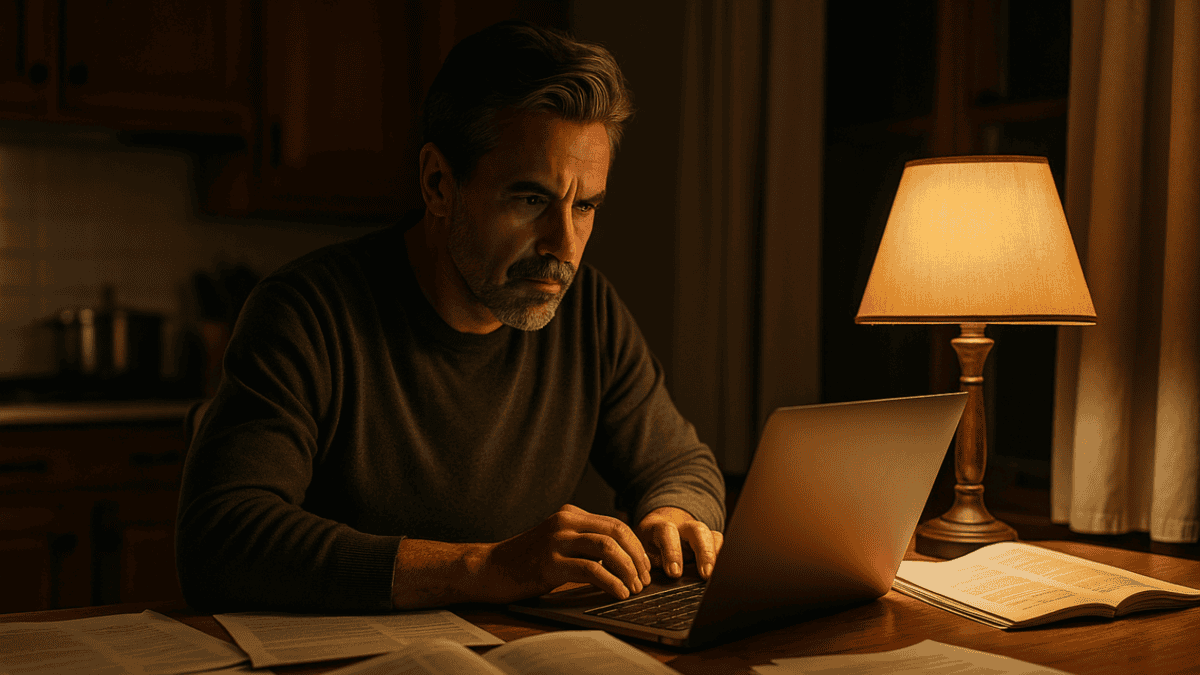 A determined middle-aged man researches MGUS late at night, surrounded by open books and papers, lit by a warm desk lamp.