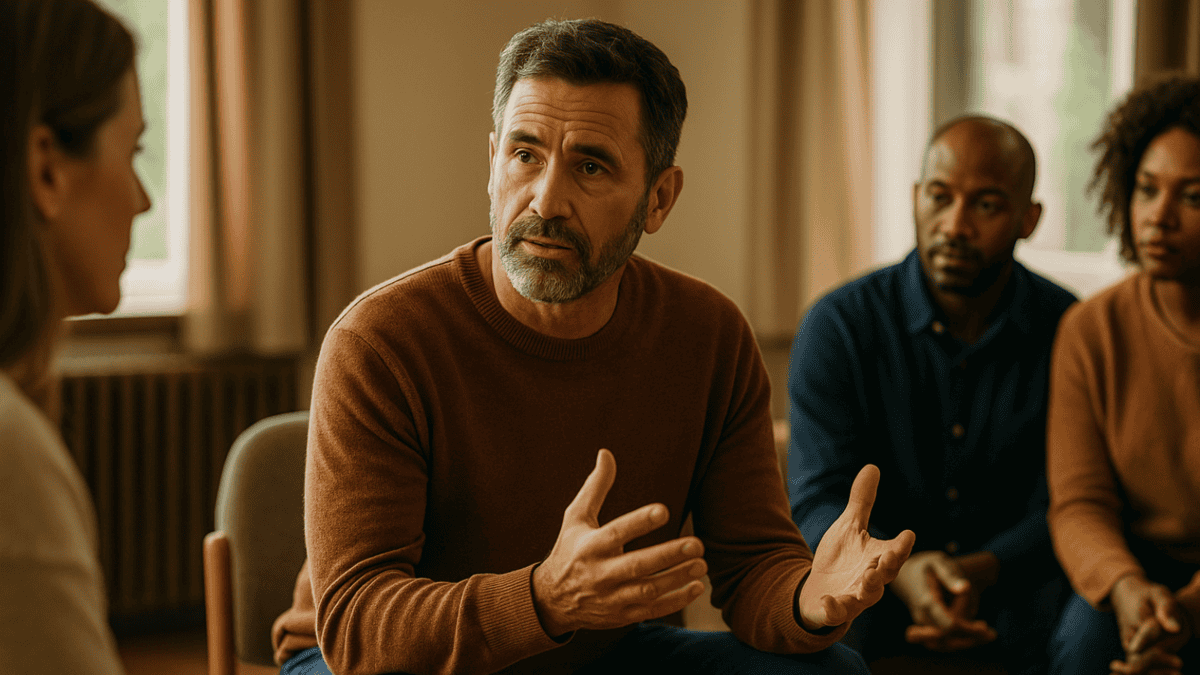 A thoughtful man in his 40s speaks during a cozy support group session, surrounded by adults who listen attentively in a warm, naturally lit room.